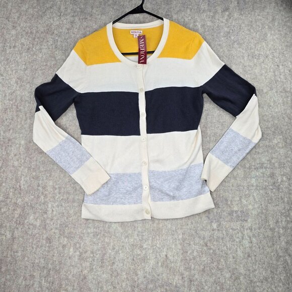 Merona Womens Cardigan Sweater Striped Yellow/Gray/Black/White M - Picture 1 of 6